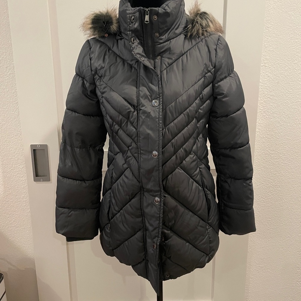 London Fog Women's Black Puffer Coat with Fur Hood